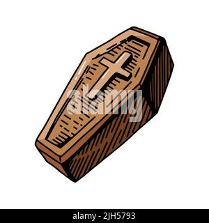 Affiche de dessin animé avec croquis de cercueil sur fond blanc pour le dessin imprimé. Illustration vectorielle isolée. Illustration vectorielle dessinée à la main. Illustration de Vecteur