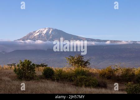 Le sommet enneigé de la montagne du Kilimanjaro a traversé les nuages en fin d'après-midi en Tanzanie, en Afrique Banque D'Images