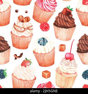 Motif cupcakes sans coutures. Illustration aquarelle. Isolé sur fond blanc.pour vos livres de cuisine, recettes, tabliers, accessoires de cuisine. Banque D'Images