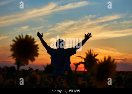 Agriculteur ukrainien prospère dans un champ de tournesol. L'agriculteur est debout et souriant dans un champ avec un ciel paisible. Ukraine. Banque D'Images