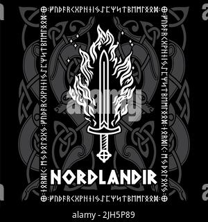 Viking, design scandinave. Épée de Viking flamboyante, motif d'Old Norse avec dragons et inscription - Norseman en norvégien, isolé sur noir, vecteur i Illustration de Vecteur