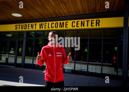 Oregon, États-Unis. 15th juillet 2022. Belge Bashir Abdi photographié en prévision d'une conférence de presse en prévision des Championnats du monde d'athlétisme de l'IAAF 19th à Eugene, Oregon, États-Unis, le vendredi 15 juillet 2022. Les mondes ont lieu du 15 au 24 juillet, après avoir été reportés en 2021 en raison de la pandémie du virus corona. BELGA PHOTO JASPER JACOBS crédit: Belga News Agency/Alay Live News Banque D'Images