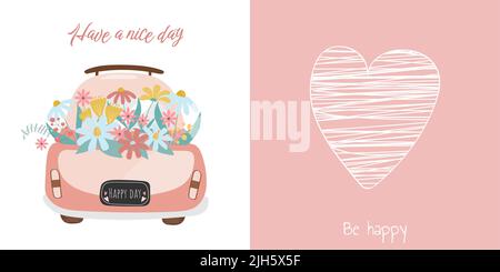 Dessin vectoriel de voiture de dessin animé rose avec bouquet de fleurs de printemps d'été sur fond blanc. Véhicule mignon avec décoration florale Illustration de Vecteur