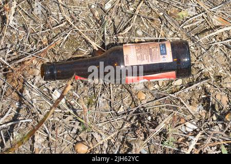 Talaplow, Buckinghamshire, Royaume-Uni. 15th juillet 2022. Une bouteille de bière vide présente un risque d'incendie. Le bureau met a déclaré une urgence nationale au Royaume-Uni en émettant la toute première alerte rouge de niveau 4 pour la majeure partie du Royaume-Uni. Des températures records sont attendues lundi et mardi alors que la vague de chaleur se poursuit, ce qui pourrait constituer un danger pour la vie et les infrastructures. Crédit : Maureen McLean/Alay Live News Banque D'Images