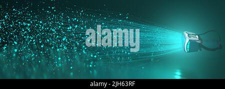 Lunettes de réalité virtuelle noires qui expulsent des particules bleues et des lignes blanches sur une surface réfléchissante avec une lumière turquoise sur un fond noir. 3D malade Banque D'Images