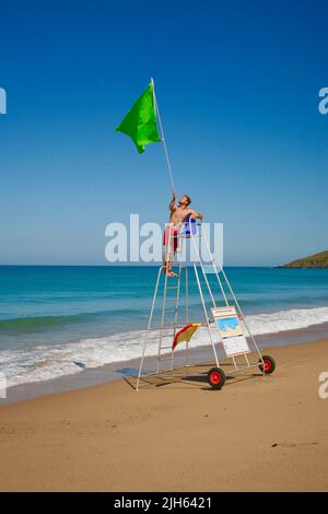 Un sauveteur levant le drapeau vert à la plage Banque D'Images