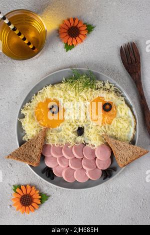 Nourriture amusante pour les enfants - chouette drôle des œufs frits avec du fromage, des saucisses et du pain. Petit déjeuner sain et créatif Banque D'Images