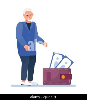 Retraite, épargne privée pour la vieillesse vecteur concept. Un homme âgé se tient à côté d'un grand portefeuille avec des billets de banque. Illustration de Vecteur