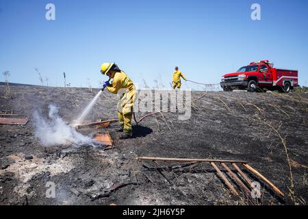 Richmond, États-Unis. 15th juillet 2022. Un pompier utilise de l'eau pour éteindre le feu de broussailles à Richmond. Les pompiers répondent à un incendie de brosse à Richmond, le feu de brosse a commencé vers 1 h 22 et a été contenu par 2 h. la cause de l'incendie est la combustion ouverte de déchets dans la région. Crédit : SOPA Images Limited/Alamy Live News Banque D'Images