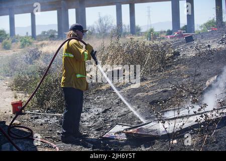 Richmond, États-Unis. 15th juillet 2022. Un pompier utilise de l'eau pour éteindre le feu de broussailles à Richmond. Les pompiers répondent à un incendie de brosse à Richmond, le feu de brosse a commencé vers 1 h 22 et a été contenu par 2 h. la cause de l'incendie est la combustion ouverte de déchets dans la région. Crédit : SOPA Images Limited/Alamy Live News Banque D'Images