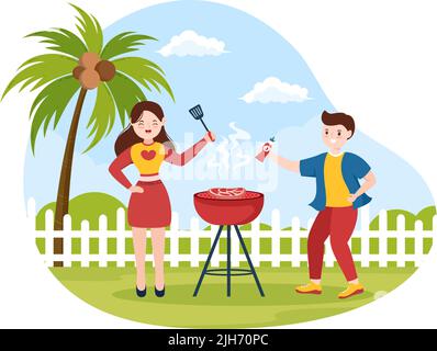 Barbecue ou barbecue avec steaks sur le grill, grille-pain, saucisse, poulet, légumes et personnes sur pique-nique ou partie dans le parc en dessin animé Illustration de Vecteur