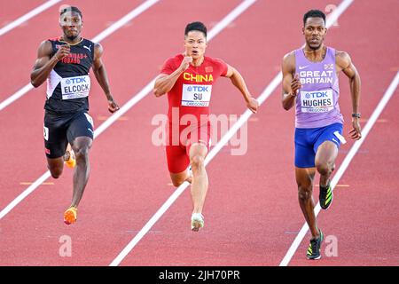 Oregon, États-Unis. 15th juillet 2022. EUGENE, ÉTATS-UNIS - JUILLET 15 : Jerod Elcock de Trindad et Tobago, Bingtian su de Chine, Zharnel Hughes du Royaume-Uni en compétition sur 100 mètres hommes pendant les Championnats du monde d'athlétisme sur 15 juillet 2022 à Eugene, Oregon, États-Unis (photo par Andy Astfalck/BSR Agency) Atletiekunie Credit: Orange pics BV/Alay Live News Banque D'Images