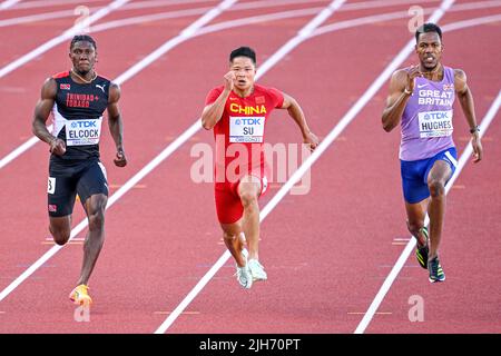 Oregon, États-Unis. 15th juillet 2022. EUGENE, ÉTATS-UNIS - JUILLET 15 : Jerod Elcock de Trindad et Tobago, Bingtian su de Chine, Zharnel Hughes du Royaume-Uni en compétition sur 100 mètres hommes pendant les Championnats du monde d'athlétisme sur 15 juillet 2022 à Eugene, Oregon, États-Unis (photo par Andy Astfalck/BSR Agency) Atletiekunie Credit: Orange pics BV/Alay Live News Banque D'Images