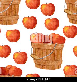 Motif aquarelle sans couture dessiné à la main avec pommes de récolte mûres dans un panier à seaux. Imprimé automne agricole de Thanksgiving. Imprimé en tissu de fruits pour emballages en papier Banque D'Images