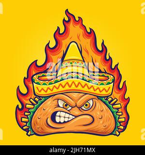 Délicieux taco mexicain en colère avec des illustrations vectorielles flamboyantes pour votre logo de travail, t-shirt de marchandise, autocollants et dessins d'étiquettes, affiche Illustration de Vecteur