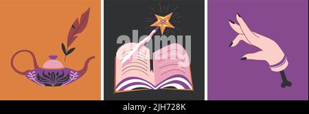 Cartes magiques, livre de sorts, sorcellerie sorcellerie Illustration de Vecteur