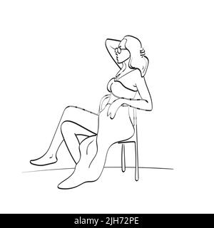 line art femme fascionable avec des lunettes de soleil assis sur la chaise illustration vecteur main dessiné isolé sur fond blanc Illustration de Vecteur
