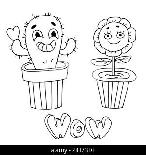 Pot à fleurs de personnages amusants. Groovy élément Funky fleur puissance et cactus avec coeur dans pot. Style rétro de l'illustration vectorielle. Caniche à main linéaire. Bande dessinée Illustration de Vecteur