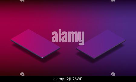 Deux smartphones isométriques avec espace de copie sur fond violet. Modèle de bannière. Illustration vectorielle. Illustration de Vecteur