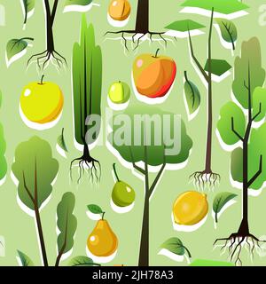 Semis de jeunes arbres avec racines. Plantes de jardin. Plantations de fruits. Motif sans couture. Vecteur. Illustration de Vecteur