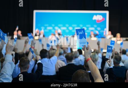 Stuttgart, Allemagne. 16th juillet 2022. Les membres du parti alternative pour l'Allemagne (AfD) votent sur un point de l'ordre du jour avec des cartes de vote dans une salle d'exposition à la conférence du parti AfD Baden-Württemberg. Credit: Bernd Weißbrod/dpa/Alay Live News Banque D'Images