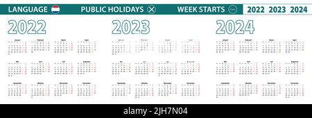 Modèle de calendrier simple en néerlandais pour 2022, 2023, 2024 ans. La semaine commence le lundi. Illustration vectorielle. Illustration de Vecteur
