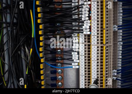 Faisceaux électriques connectés aux bornes de l'armoire de commande d'une machine industrielle. Extrémités de câble signalées par des descriptions Banque D'Images