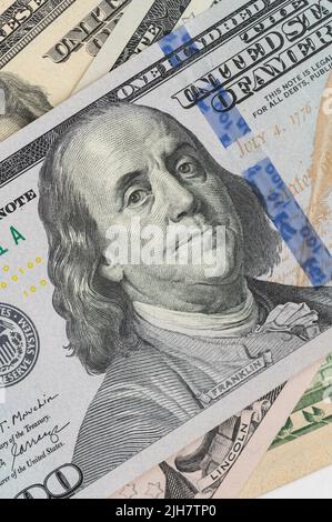 100 Dolar Banknote USA gros plan. Franklin macro. Cent dollars américains. Banque D'Images