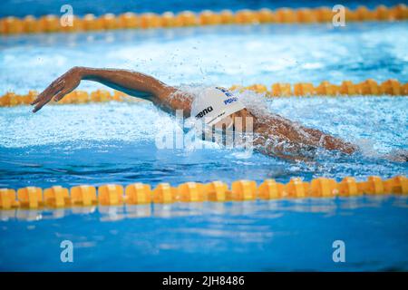 Otopeni, Roumanie - 8 juillet 2022: Détails avec David Popovici nageur de Roumanie participant aux Championnats juniors européens LEN. Banque D'Images