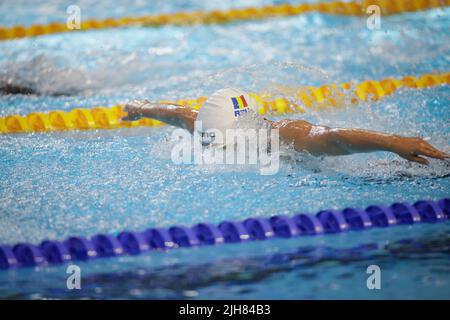 Otopeni, Roumanie - 8 juillet 2022: Détails avec une athlète roumaine professionnelle nage dans un style de papillon de piscine olympique. Banque D'Images