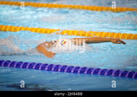 Otopeni, Roumanie - 8 juillet 2022: Détails avec une athlète roumaine professionnelle nage dans un style de papillon de piscine olympique. Banque D'Images