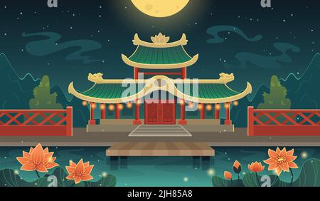 Illustration du château chinois. Sanctuaire shinto japonais la nuit. Ancien bâtiment d'Asain avec bassin et montagnes de lotos Illustration de Vecteur