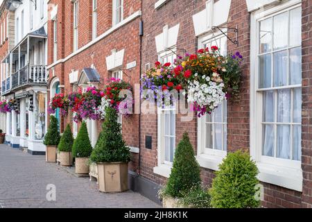 Paniers suspendus de fleurs sur house fronts dans la ville de Pershore, Worcestershire, Royaume-Uni Banque D'Images