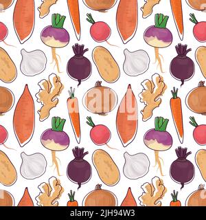 Fond de motif vectoriel sans couture des légumes racines fait d'illustrations simples. Illustration de Vecteur