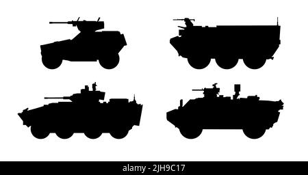 Ensemble de silhouettes de véhicules de combat d'infanterie. Icône noire de vecteur de machine militaire de combat sur fond blanc, transport militaire moderne. Illustration de Vecteur