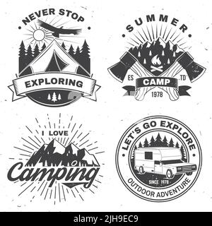 Ensemble de badges de camping. Illustration vectorielle. Concept pour chemise ou logo, imprimé, timbre ou tee-shirt. Motif typographique vintage avec camping-car, tente Illustration de Vecteur