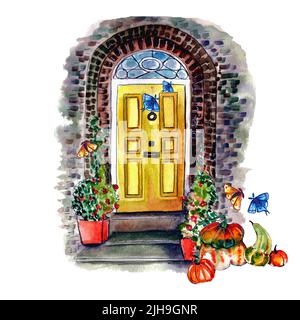 Aquarelle illustrations dessinées à la main porte jaune, décorée de vases de fleurs et de citrouilles avec papillons, isolée sur fond blanc.Bright Banque D'Images
