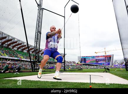 Nick Miller, de la Grande-Bretagne, participe à la finale de course du marteau masculin le deuxième jour des Championnats du monde d'athlétisme à Hayward Field, Université de l'Oregon aux États-Unis. Date de la photo: Samedi 16 juillet 2022. Banque D'Images