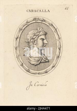 Marcus Aurelius Antoninus ou Caracalla, 188 – 217, empereur romain de 198 à 217. Fils aîné de l'empereur Septimius Severus et de l'impératrice Julia Domna. En carnélien. Caracalla. À corniola. Gravure de coperplate par Giovanni Battista Galestuzzi d'après Leonardo Agostini de gemmae et Sculpturae Antiquae Depitti ab Leonardo Augustino Senesi, Abraham Blooteling, Amsterdam, 1685. Banque D'Images