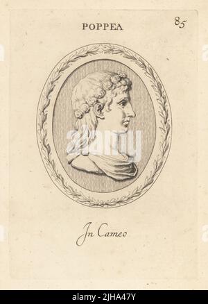 Buste de Poppea Sabina, AD 30 – 65, également connu sous le nom d'Ollia, impératrice romaine comme la deuxième femme de l'empereur Néron. Avec guirlande de roses dans ses cheveux. Poppea. En caméo. Gravure de coperplate par Giovanni Battista Galestuzzi d'après Leonardo Agostini de gemmae et Sculpturae Antiquae Depitti ab Leonardo Augustino Senesi, Abraham Blooteling, Amsterdam, 1685. Banque D'Images