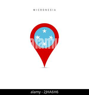 Marqueur cartographique à goutte d'eau avec drapeau de Micronésie. Indicateur micronésien inséré dans la broche de la carte de localisation. Illustration plate isolée sur fond blanc. Banque D'Images