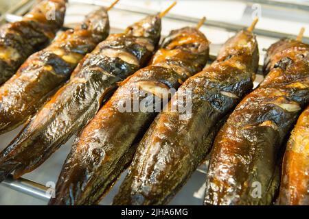 Poisson-chat grillé sur un grill au charbon de bois, focatif sélectif. Banque D'Images