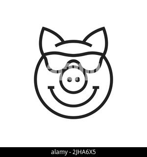 Cochon heureux avec des lunettes de soleil, avatar kawaii mignon, icône de mascotte. Illustration plate isolée sur fond blanc. Banque D'Images