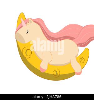 Adorable licorne dormant sur la lune jaune Illustration de Vecteur