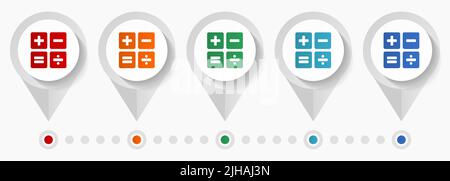 Icônes vectorielles de la calculatrice, modèle d'infographie modifiable, jeu de pointeurs de conception plate colorés Illustration de Vecteur