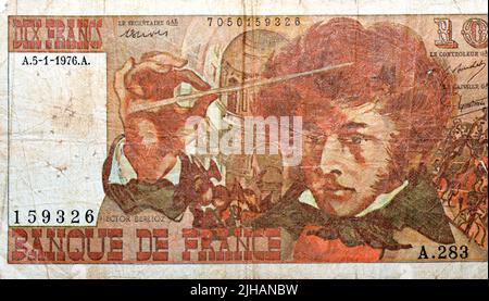 Grand fragment du côté opposé de 10 10 francs français cent monnaie de billets de banque par la Banque de France présente le portrait de Louis Hector Berlioz, ancienne Fre Banque D'Images