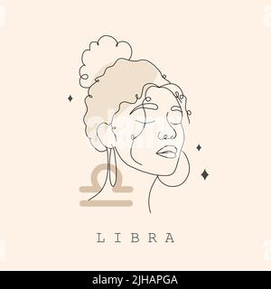 Signe Balance zodiaque. Mise en plan d'une ligne. Icône astrologique avec visage de femme abstrait. Logo mystère et ésotérique. Symbole Horoscope. Vecteur linéaire Illustration de Vecteur