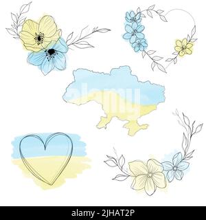 un ensemble d'esquisses pour un tatouage patriotique: fleurs et coeurs des couleurs du drapeau de l'ukraine . Fleurs Periwinkle. Dessin à la main. Banque D'Images