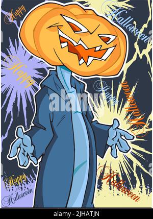 Affiche d'Halloween, citrouille, inscription Happy Halloween. Illustration vectorielle avec symboles de la fête d'automne en octobre. Illustration de Vecteur