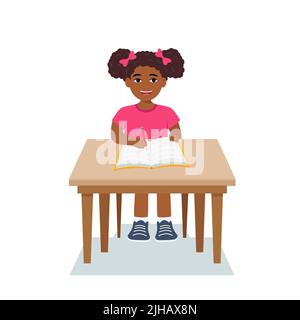 les filles écrivent, les enfants font leurs devoirs, les mathématiques à la maison. Dessin animé petit garçon en chemise rouge Sting sur le bureau. Le concept de l'âge d'apprentissage. Vecteur Ill Illustration de Vecteur